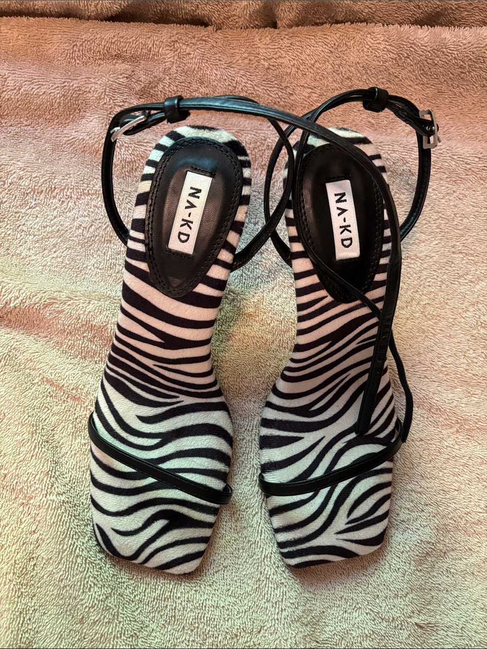 NA-KD Zebra Print Ankle-Strap Heels in Black & White - US 7.5